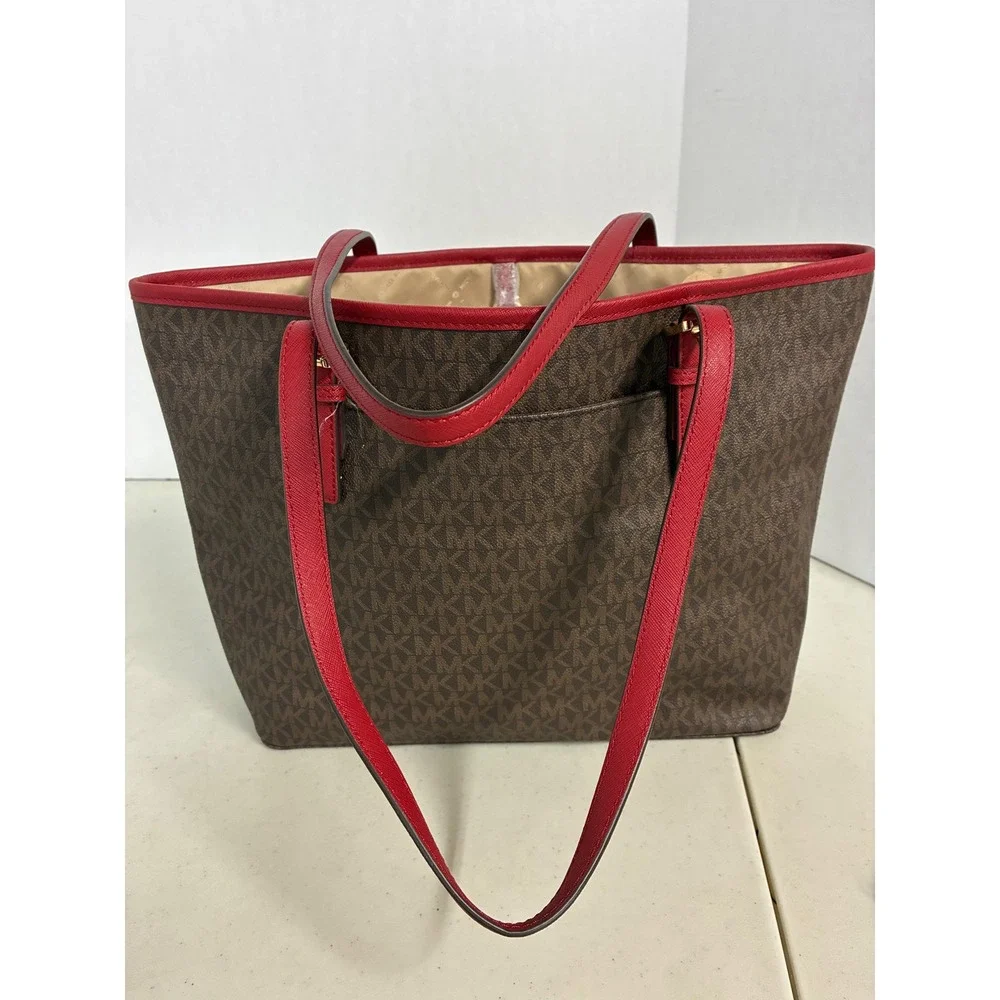 Michael Kors Brown Red Logo Tote Bag Gold‎ Hardware Saffiano Trim Large New